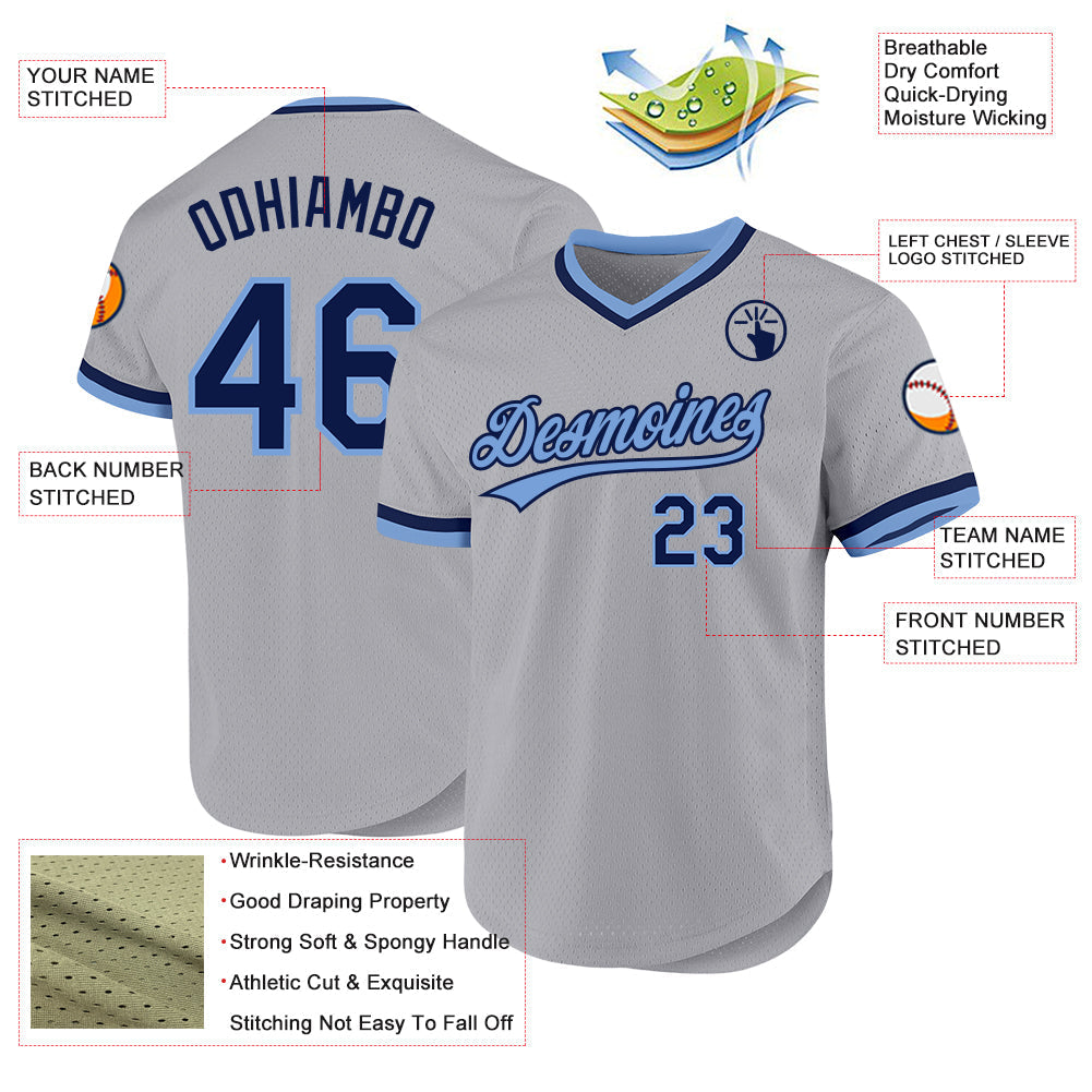 Custom Gray Navy-Light Blue Authentic Throwback Baseball Jersey baseball jersey product view 3