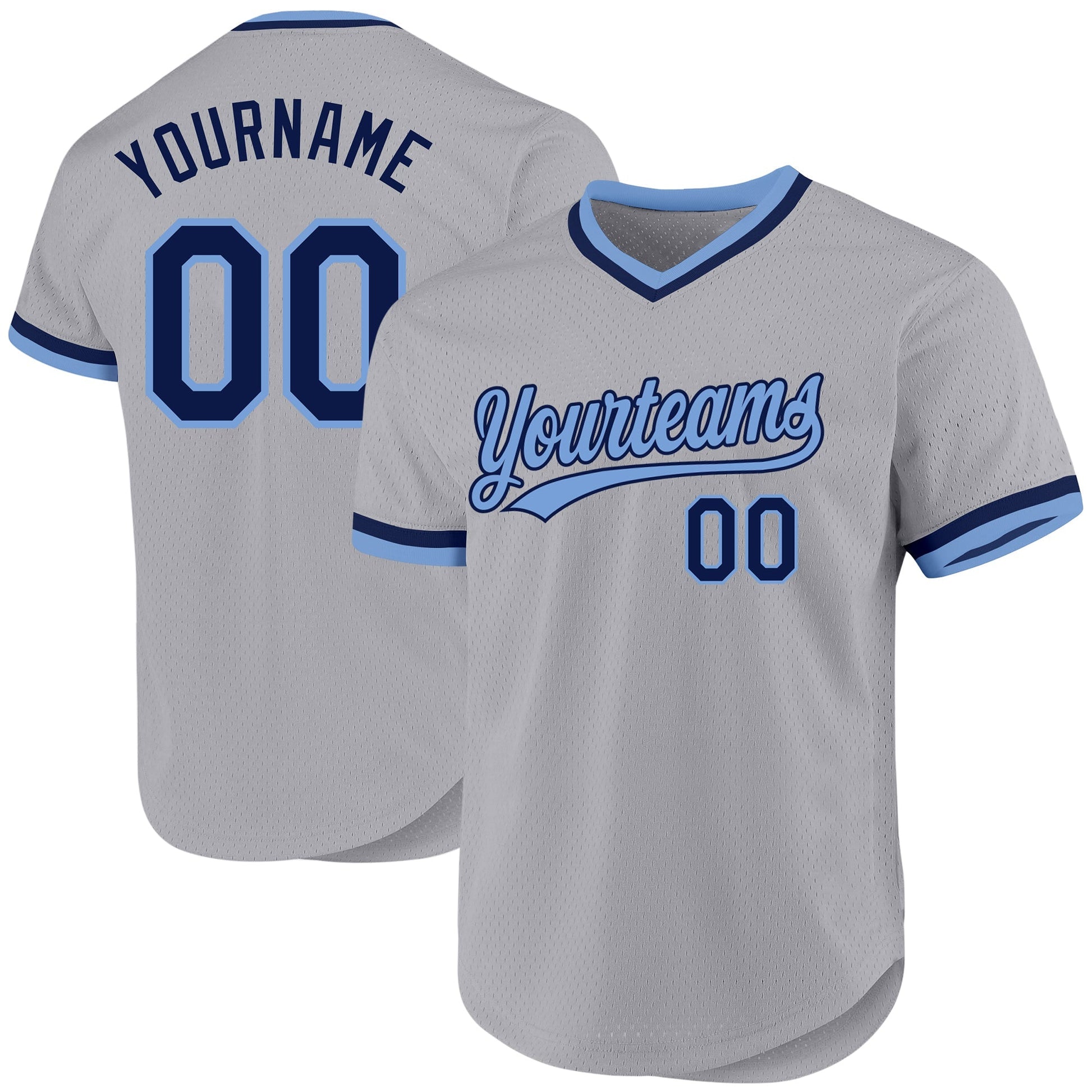 Custom Gray Navy-Light Blue Authentic Throwback Baseball Jersey baseball jersey product view 1