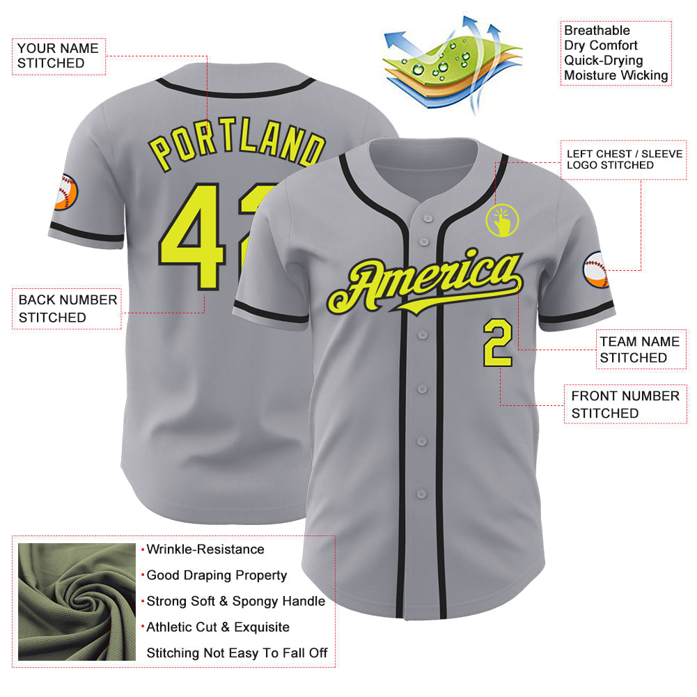 Custom Gray Neon Yellow-Black Authentic Baseball Jersey baseball jersey product view 3