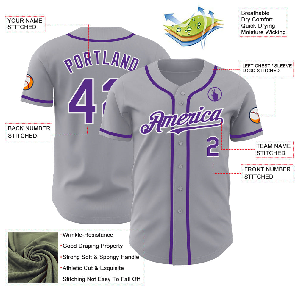 Custom Gray Purple-White Authentic Baseball Jersey baseball jersey product view 3