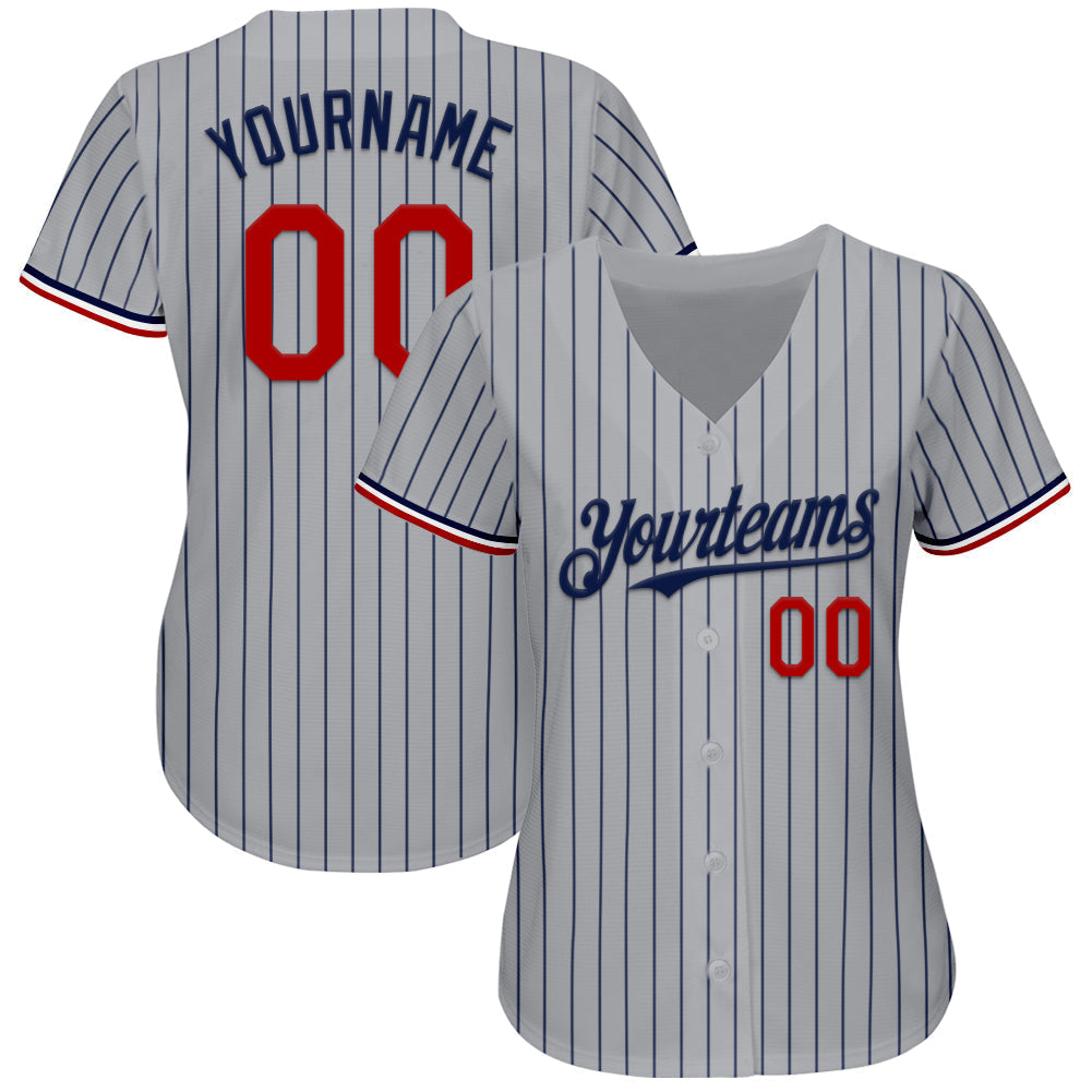 Custom Gray Navy Pinstripe Red-White Authentic Baseball Jersey baseball jersey product view 3