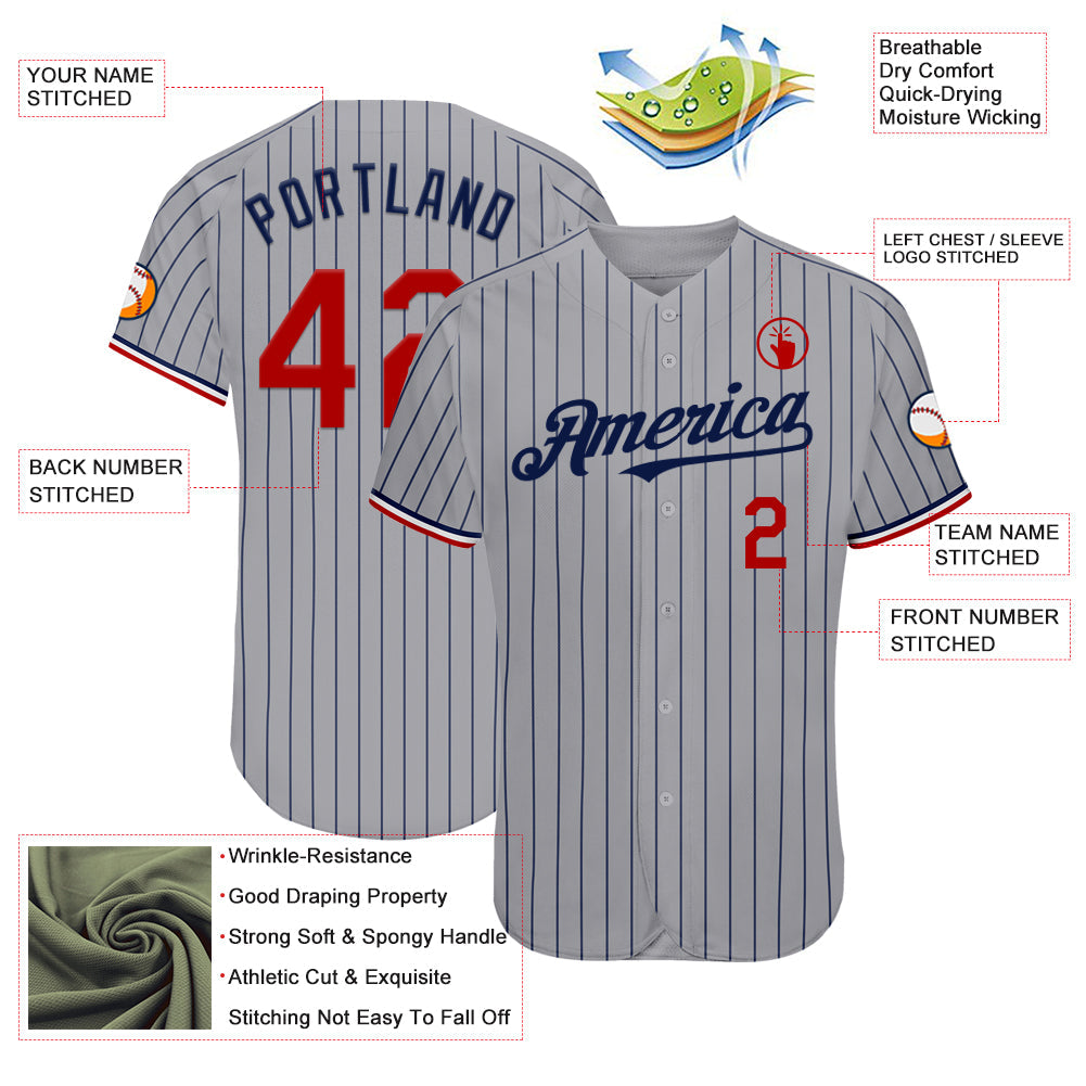 Custom Gray Navy Pinstripe Red-White Authentic Baseball Jersey baseball jersey product view 4