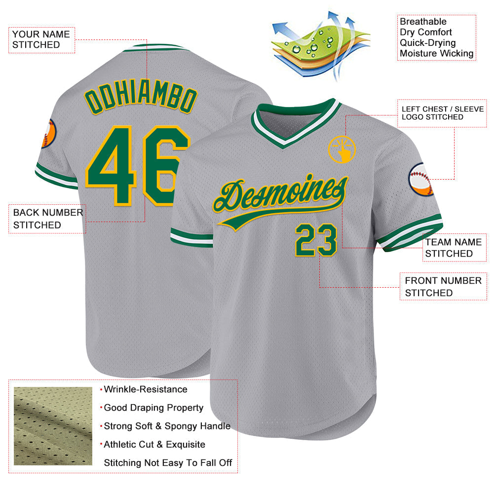 Custom Gray Kelly Green-Gold Authentic Throwback Baseball Jersey baseball jersey product view 3