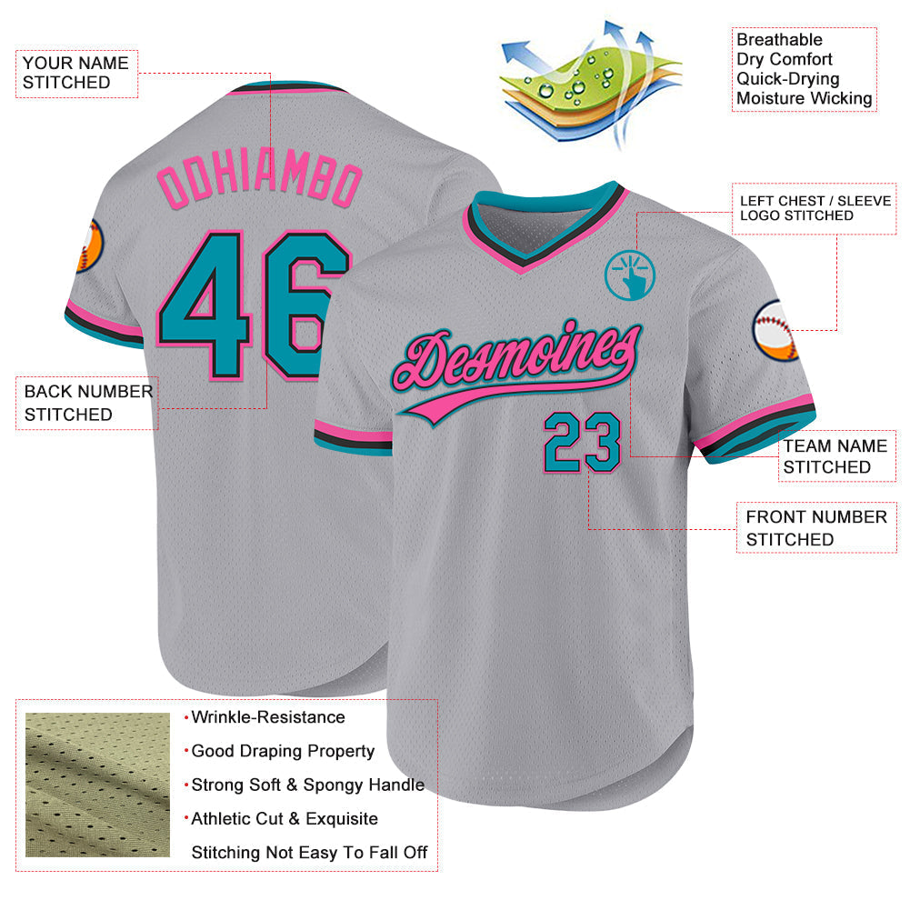 Custom Gray Teal Black-Pink Authentic Throwback Baseball Jersey baseball jersey product view 3