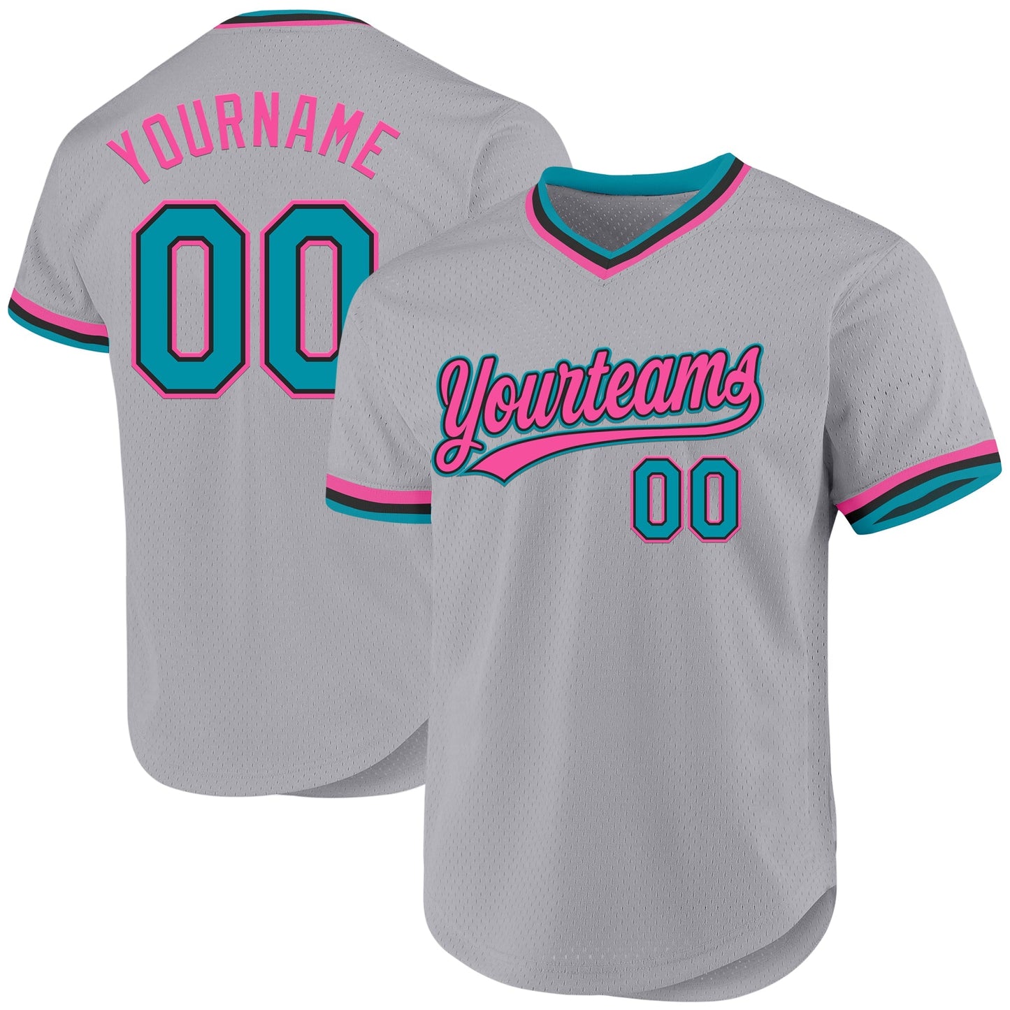 Custom Gray Teal Black-Pink Authentic Throwback Baseball Jersey baseball jersey product view 1