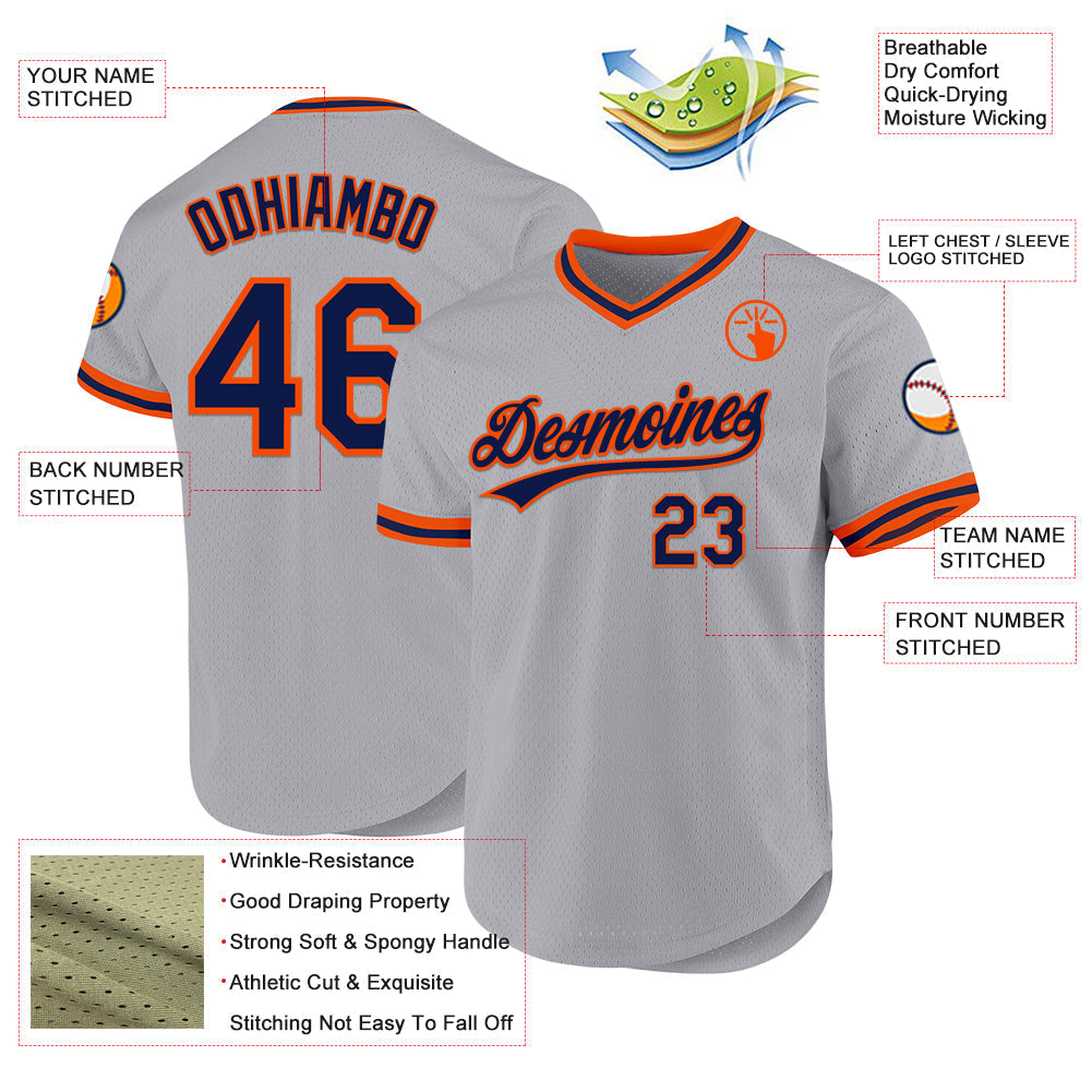 Custom Gray Navy-Orange Authentic Throwback Baseball Jersey baseball jersey product view 3