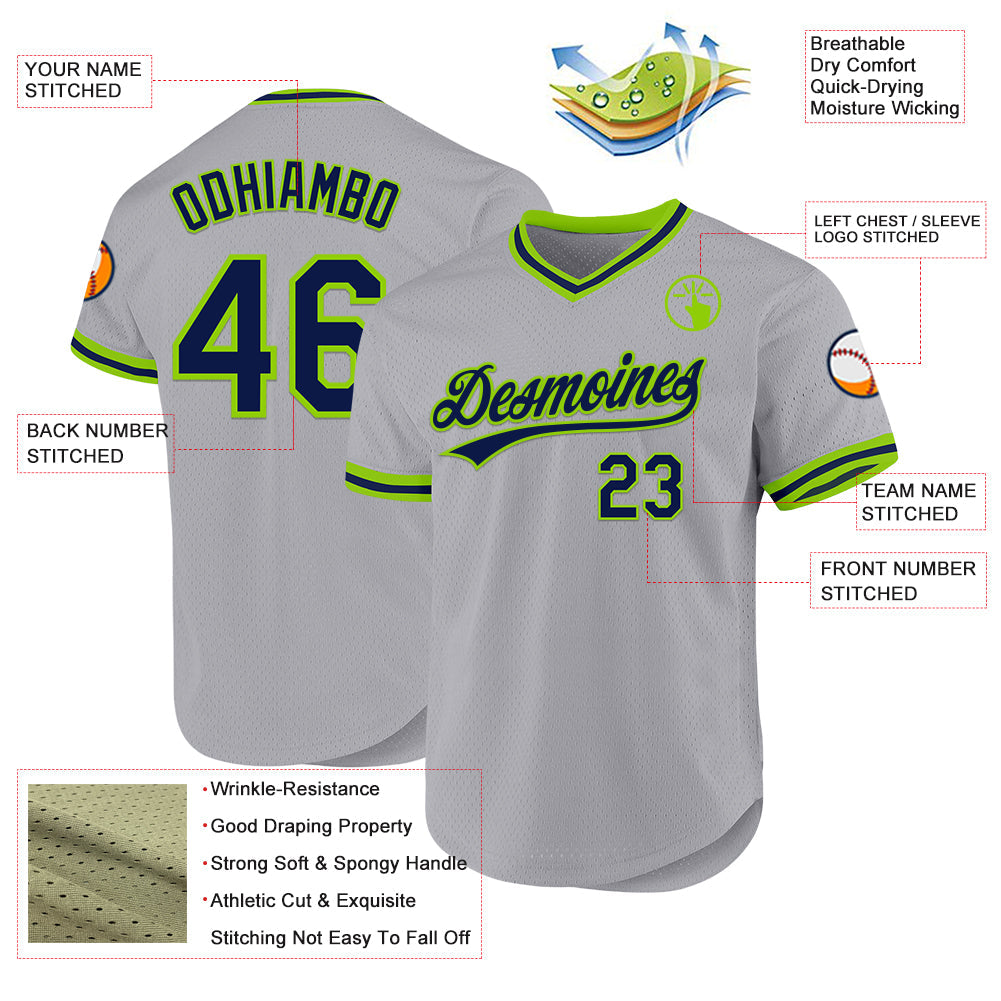 Custom Gray Navy-Neon Green Authentic Throwback Baseball Jersey baseball jersey product view 3