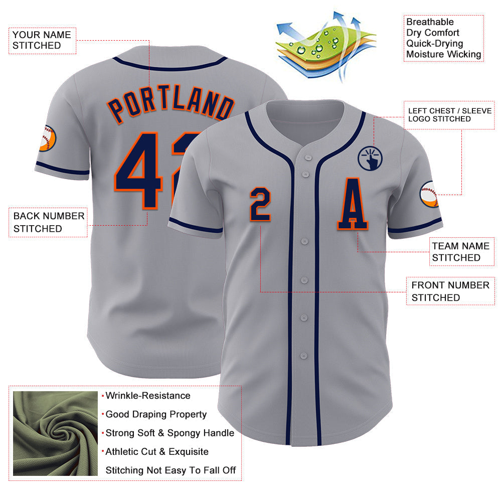 Custom Gray Navy-Orange Authentic Baseball Jersey baseball jersey product view 2