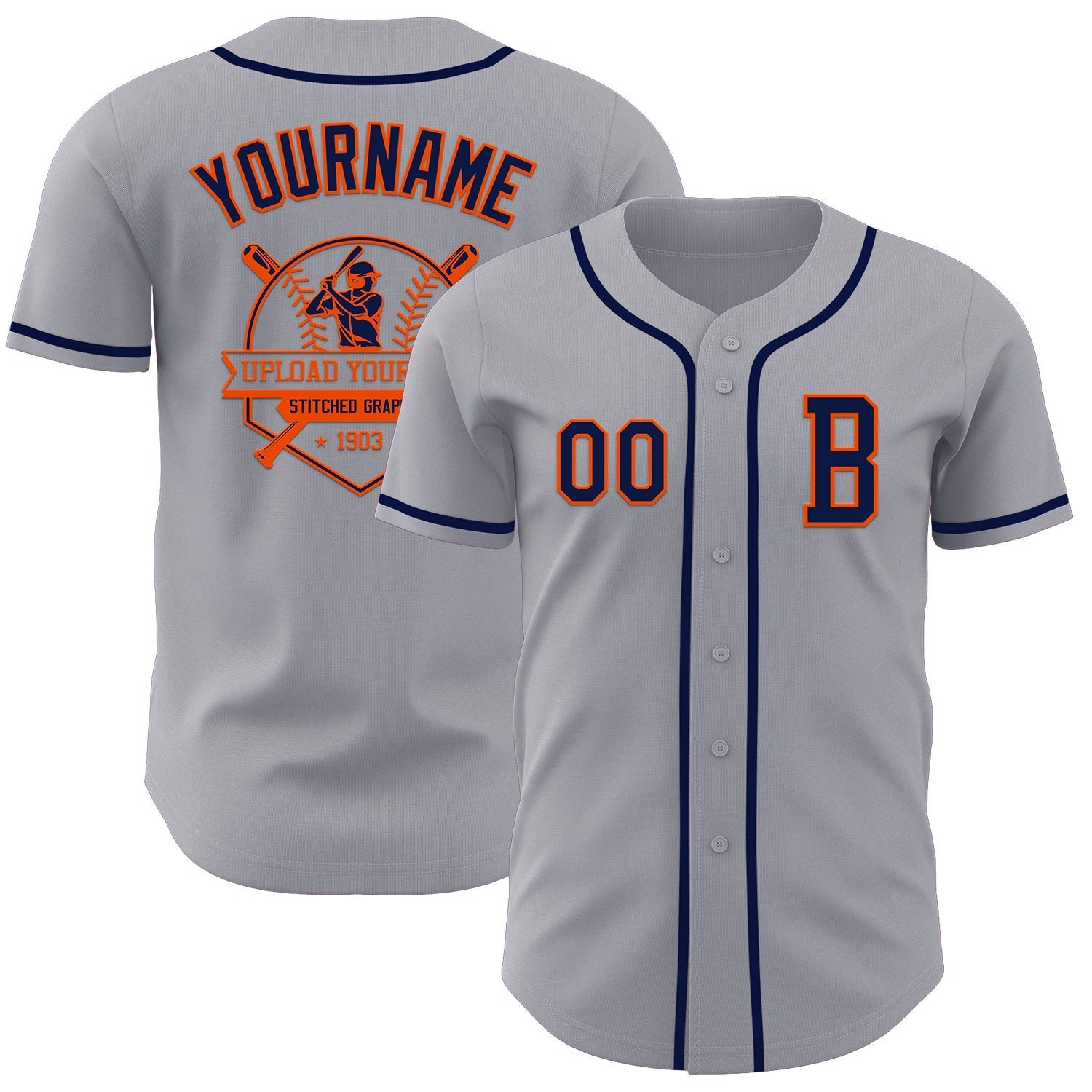 Custom Gray Navy-Orange Authentic Baseball Jersey baseball jersey product view 5