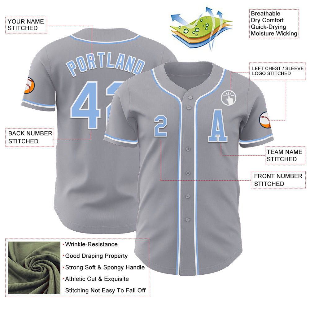 Custom Gray Light Blue-White Authentic Baseball Jersey baseball jersey product view 2