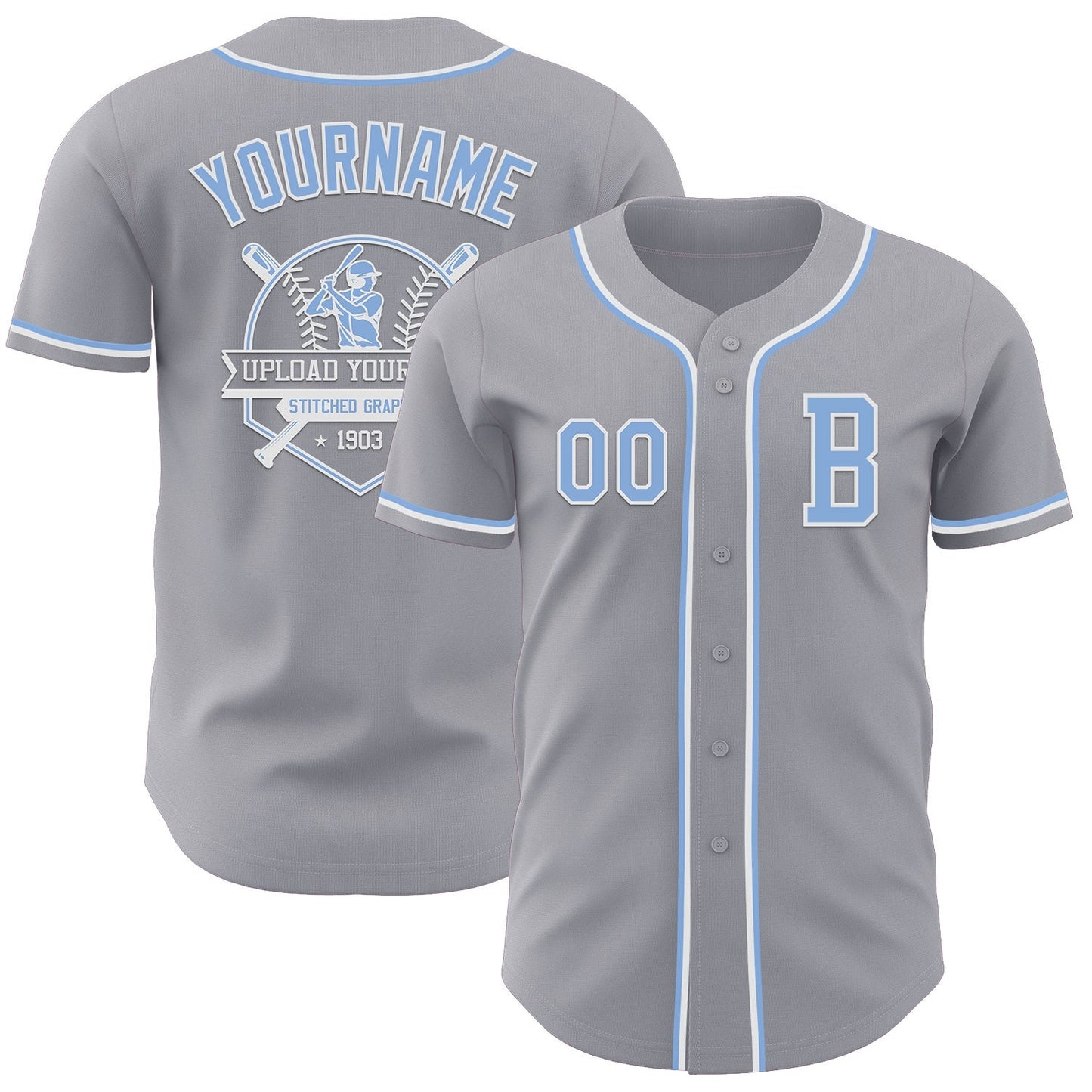 Custom Gray Light Blue-White Authentic Baseball Jersey baseball jersey product view 5