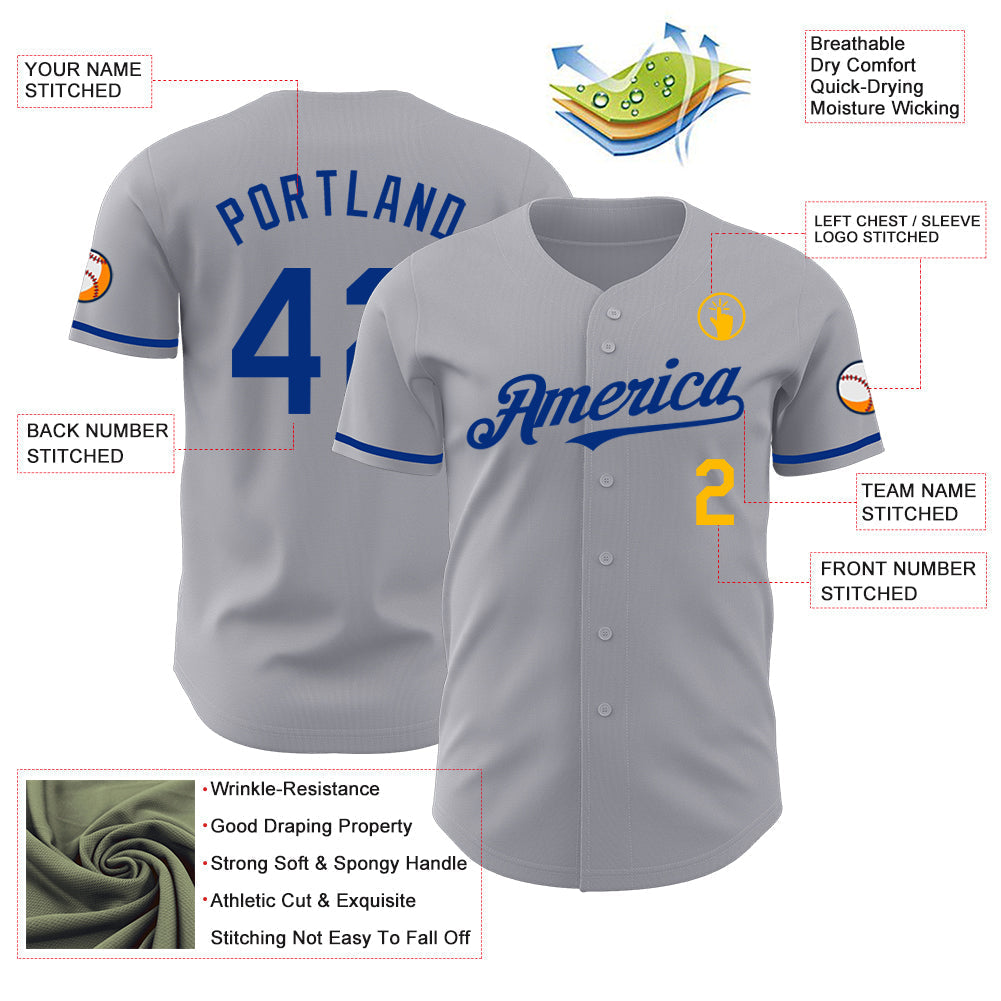 Custom Gray Royal-Gold Authentic Baseball Jersey baseball jersey product view 3