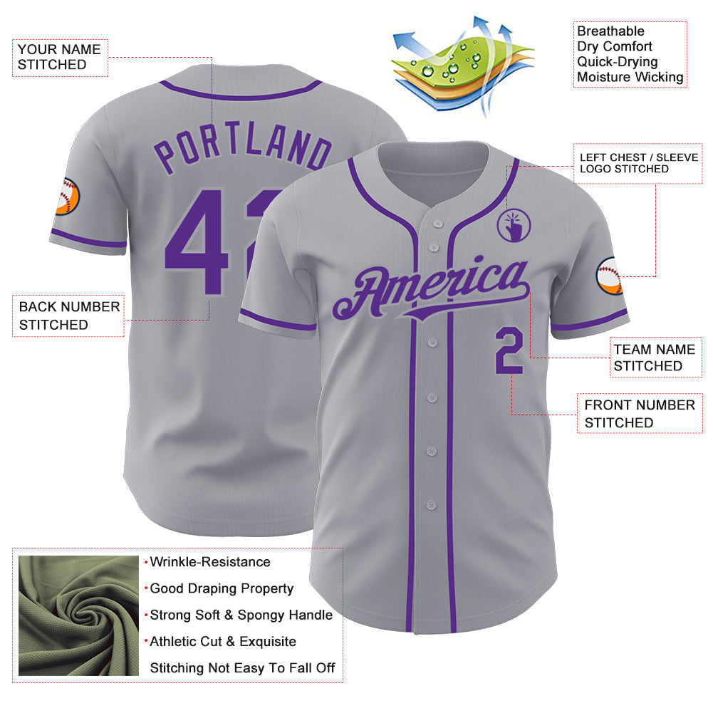 Custom Gray Purple Authentic Baseball Jersey baseball jersey product view 3