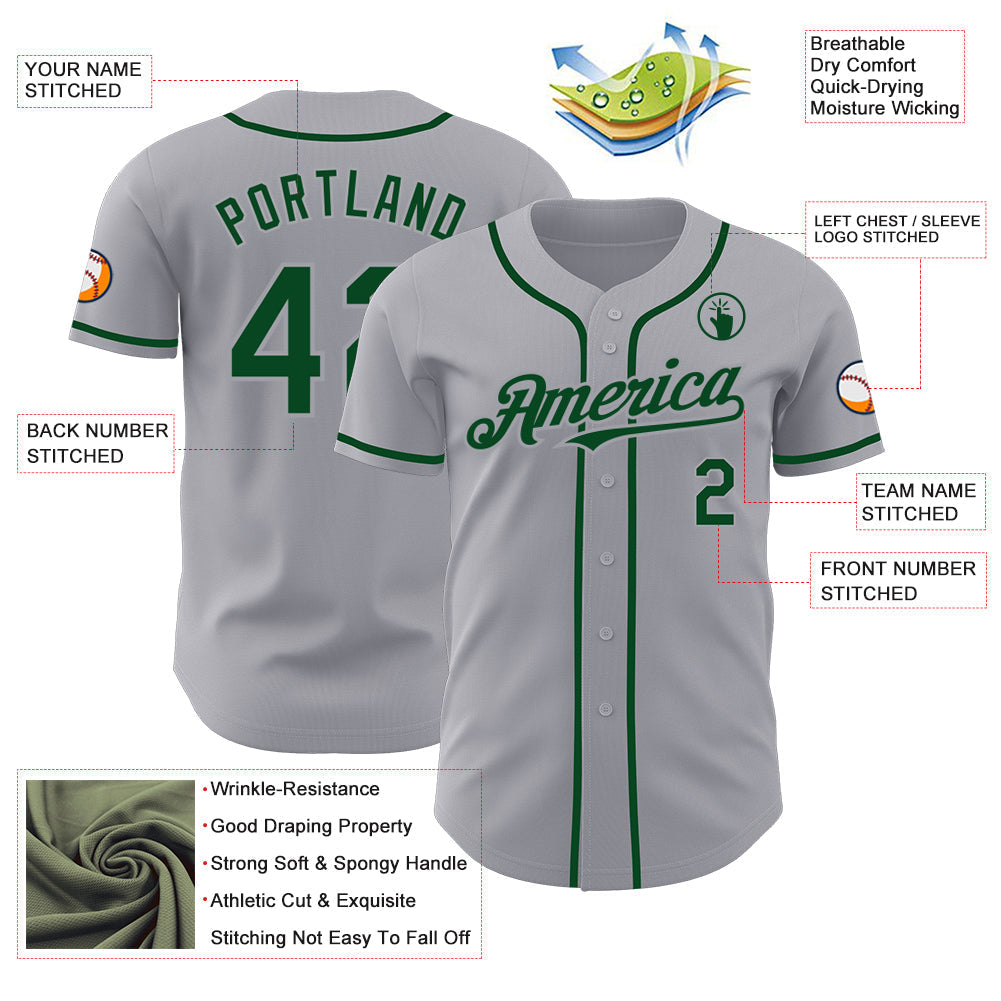 Custom Gray Green Authentic Baseball Jersey baseball jersey product view 3