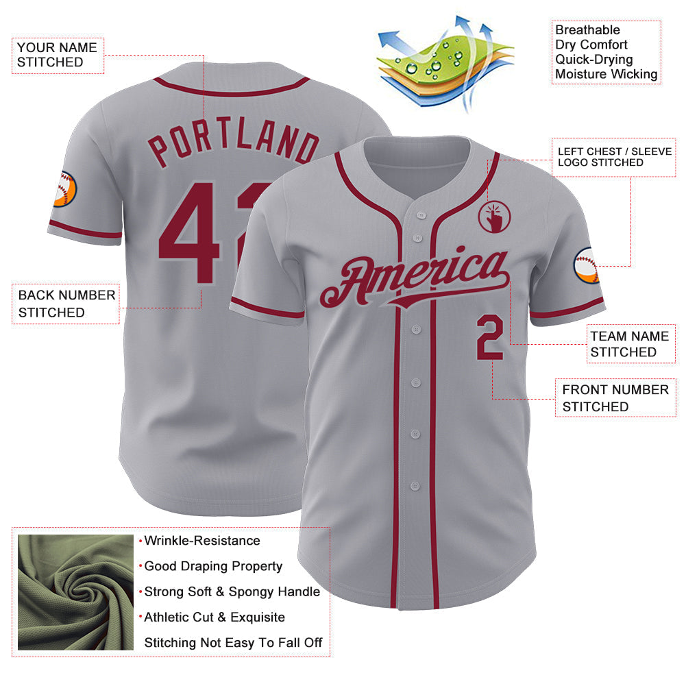 Custom Gray Crimson Authentic Baseball Jersey baseball jersey product view 3