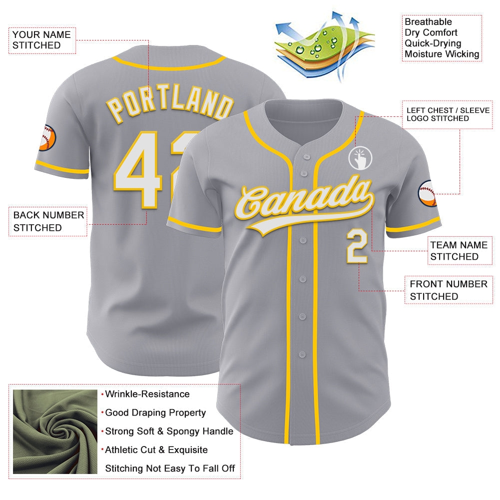 Custom Gray White-Yellow Authentic Baseball Jersey baseball jersey product view 3