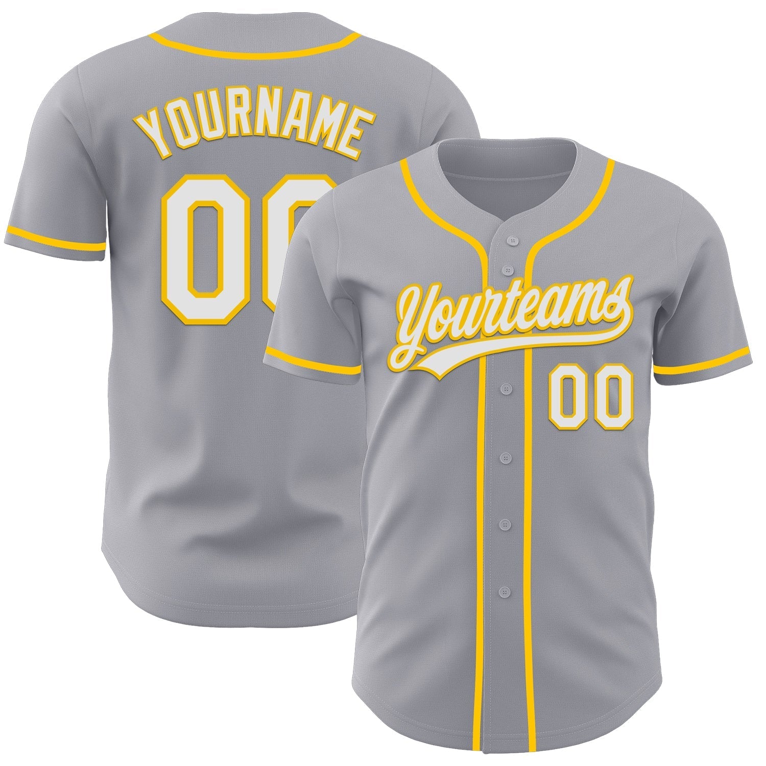 Custom Gray White-Yellow Authentic Baseball Jersey baseball jersey product view 1