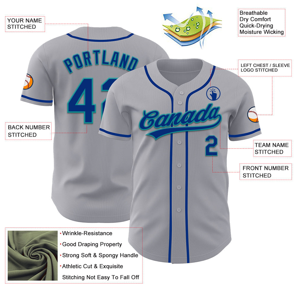 Custom Gray Royal-Teal Authentic Baseball Jersey baseball jersey product view 3