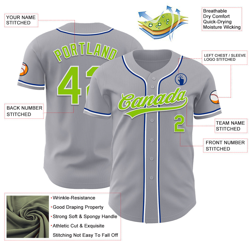 Custom Gray Neon Green Royal-White Authentic Baseball Jersey baseball jersey product view 3
