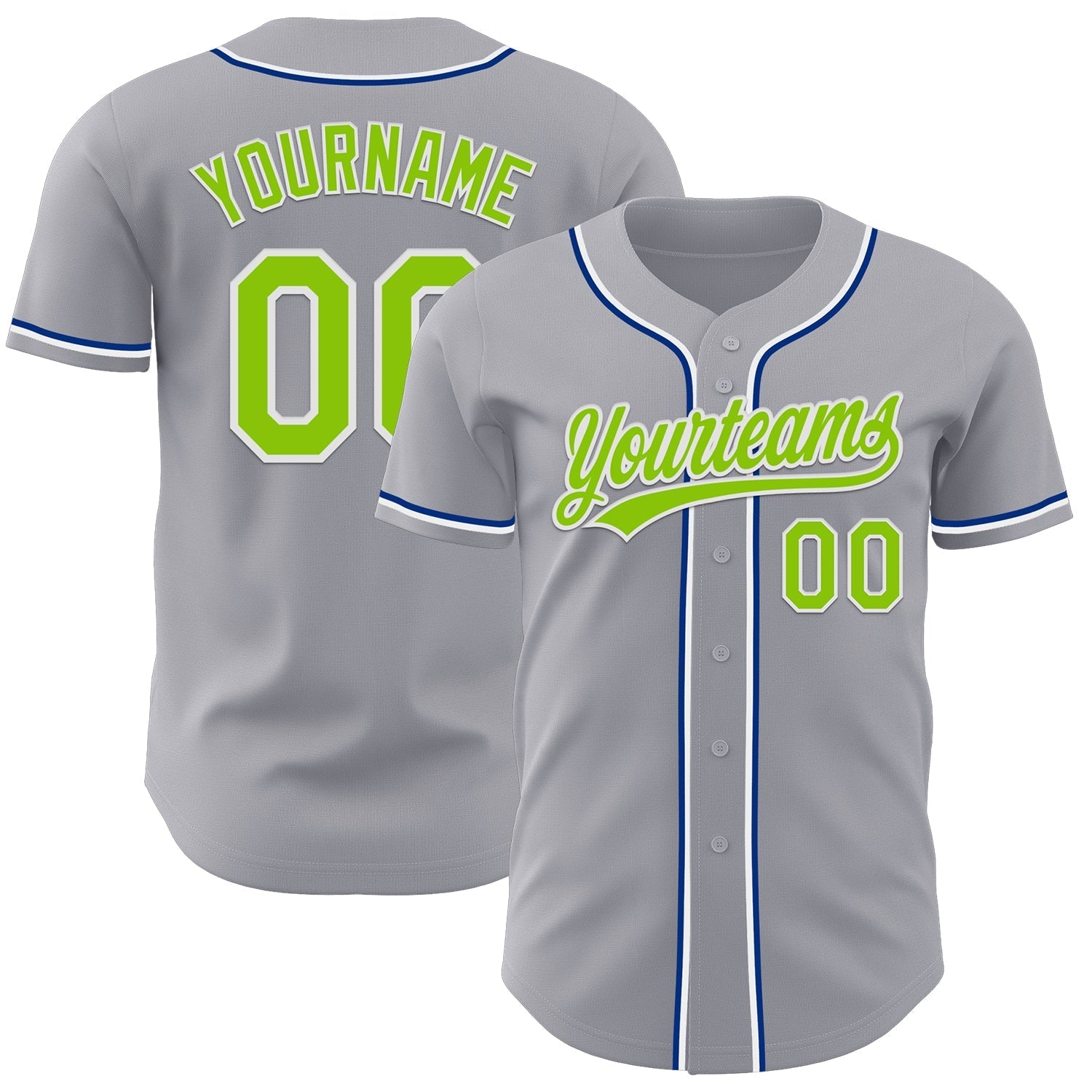 Custom Gray Neon Green Royal-White Authentic Baseball Jersey baseball jersey product view 1