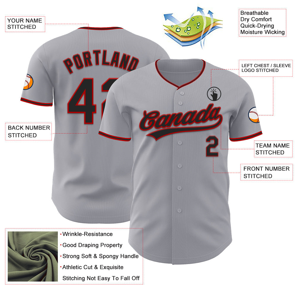 Custom Gray Black-Red Authentic Baseball Jersey baseball jersey product view 3