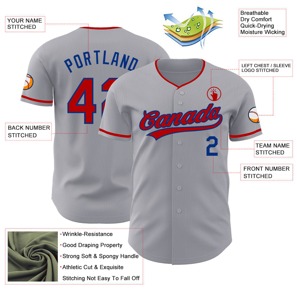 Custom Gray Red-Royal Authentic Baseball Jersey baseball jersey product view 3
