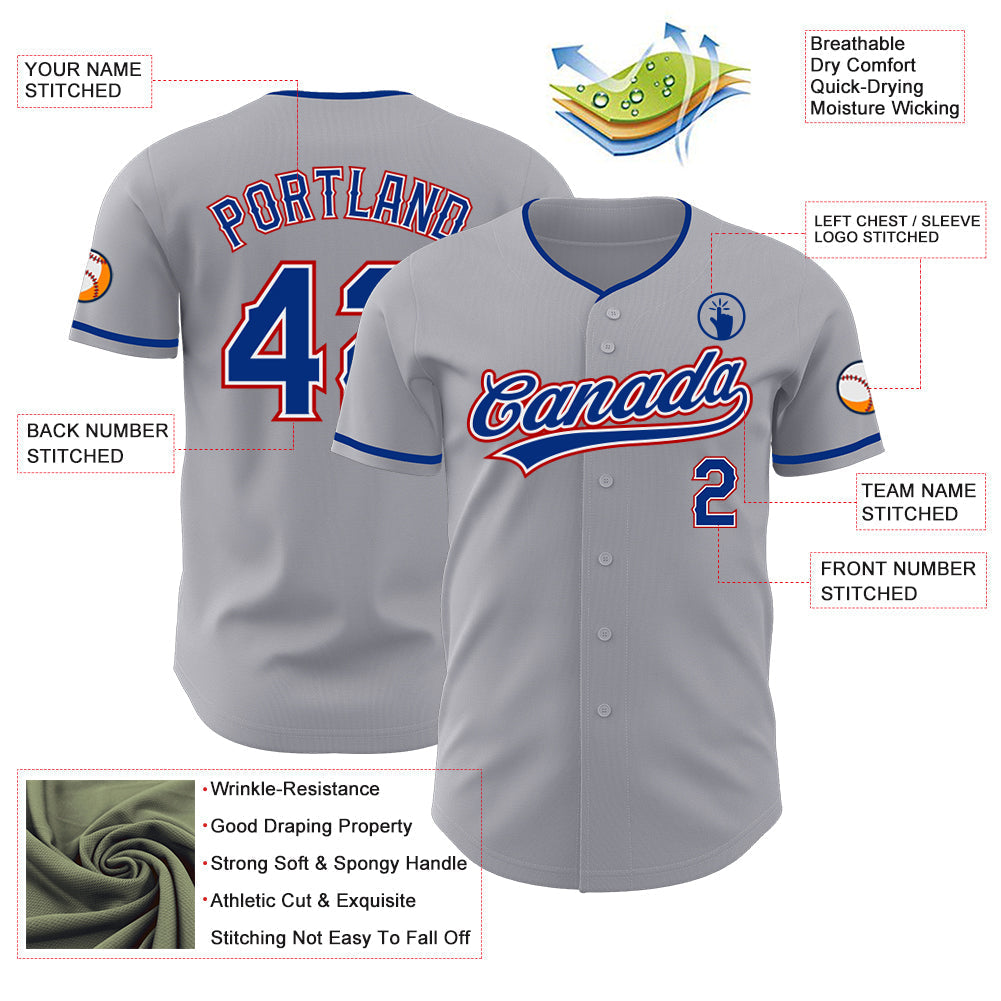 Custom Gray Royal White-Red Authentic Baseball Jersey baseball jersey product view 3