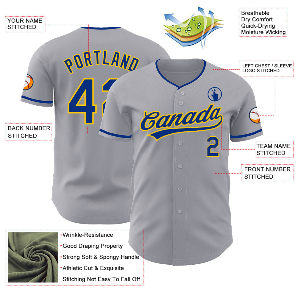 Custom Gray Royal-Yellow Authentic Baseball Jersey baseball jersey product view 3
