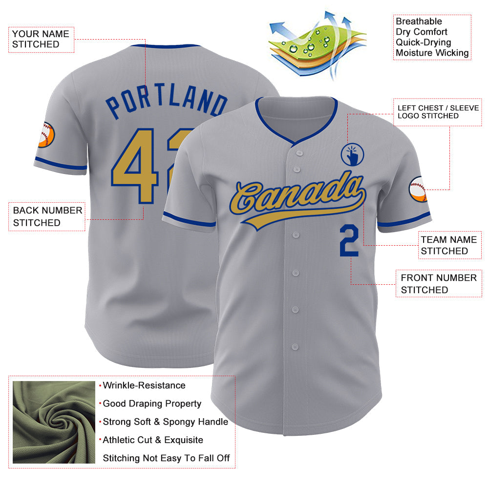 Custom Gray Old Gold-Royal Authentic Baseball Jersey baseball jersey product view 3