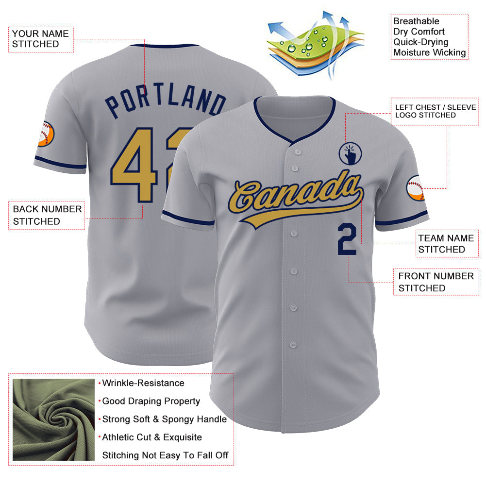 Custom Gray Old Gold-Navy Authentic Baseball Jersey baseball jersey product view 3