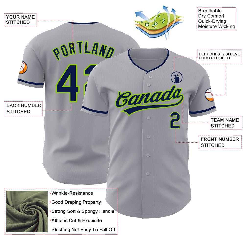 Custom Gray Navy-Neon Green Authentic Baseball Jersey baseball jersey product view 3