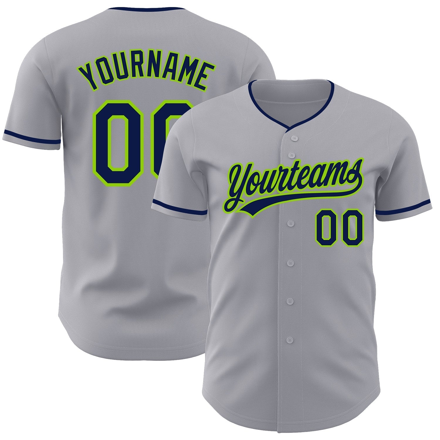 Custom Gray Navy-Neon Green Authentic Baseball Jersey baseball jersey product view 1