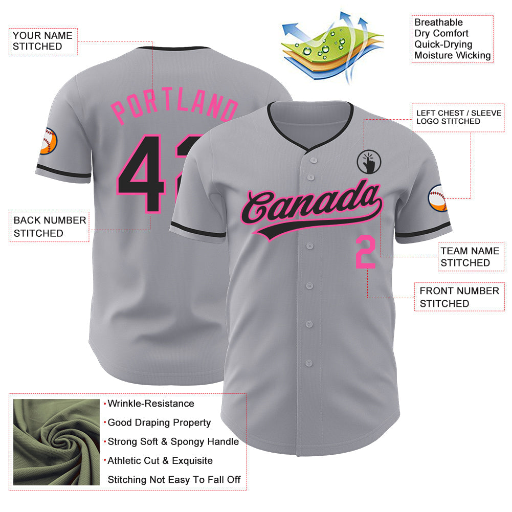 Custom Gray Black-Pink Authentic Baseball Jersey baseball jersey product view 3