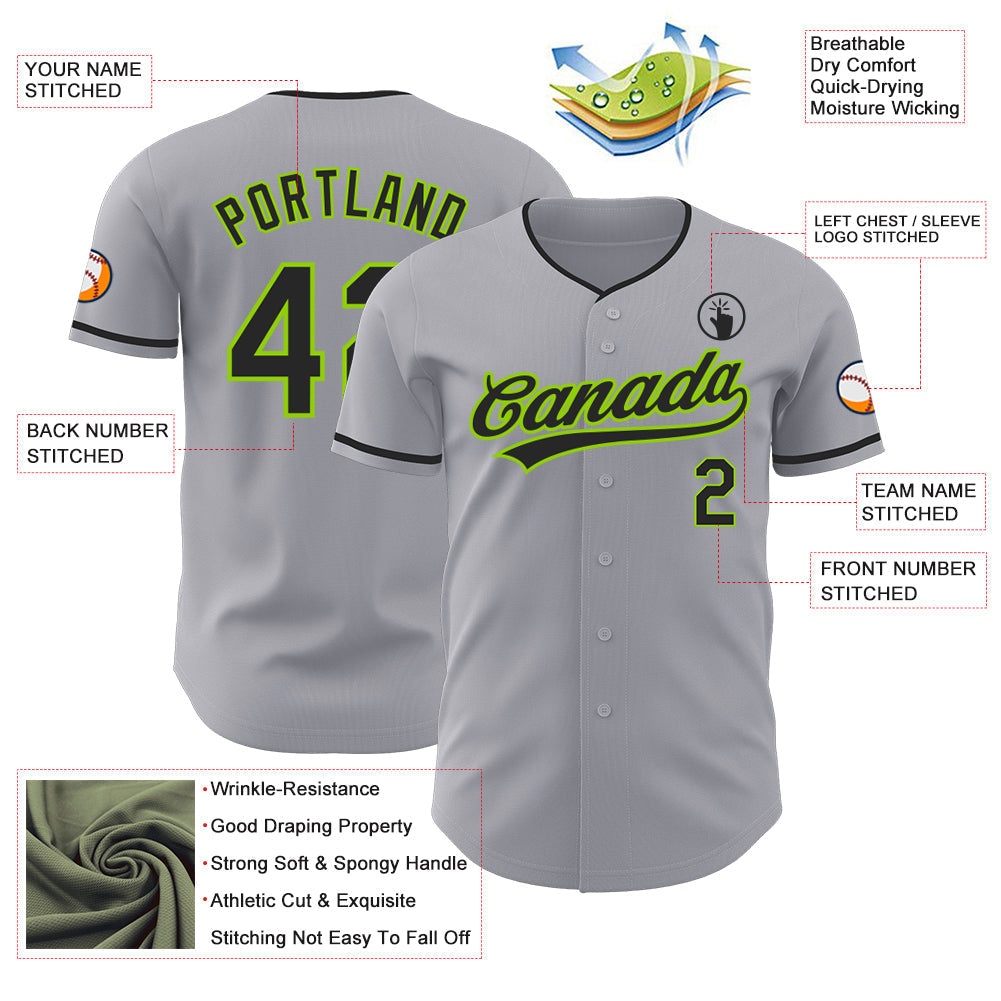 Custom Gray Black-Neon Green Authentic Baseball Jersey baseball jersey product view 3