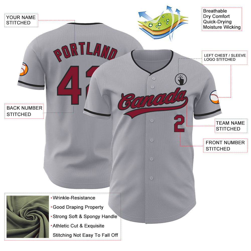 Custom Gray Maroon-Black Authentic Baseball Jersey baseball jersey product view 3