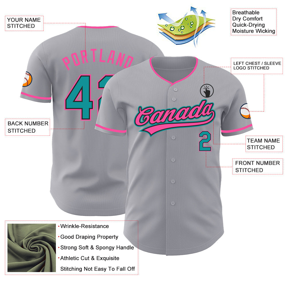 Custom Gray Teal Black-Pink Authentic Baseball Jersey baseball jersey product view 3
