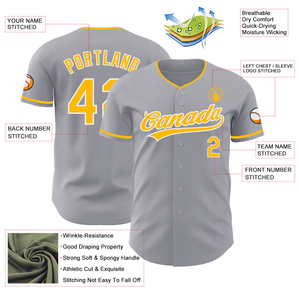 Custom Gray Gold-White Authentic Baseball Jersey baseball jersey product view 3