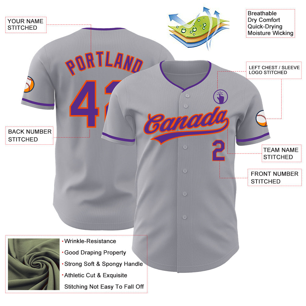 Custom Gray Purple-Orange Authentic Baseball Jersey baseball jersey product view 3