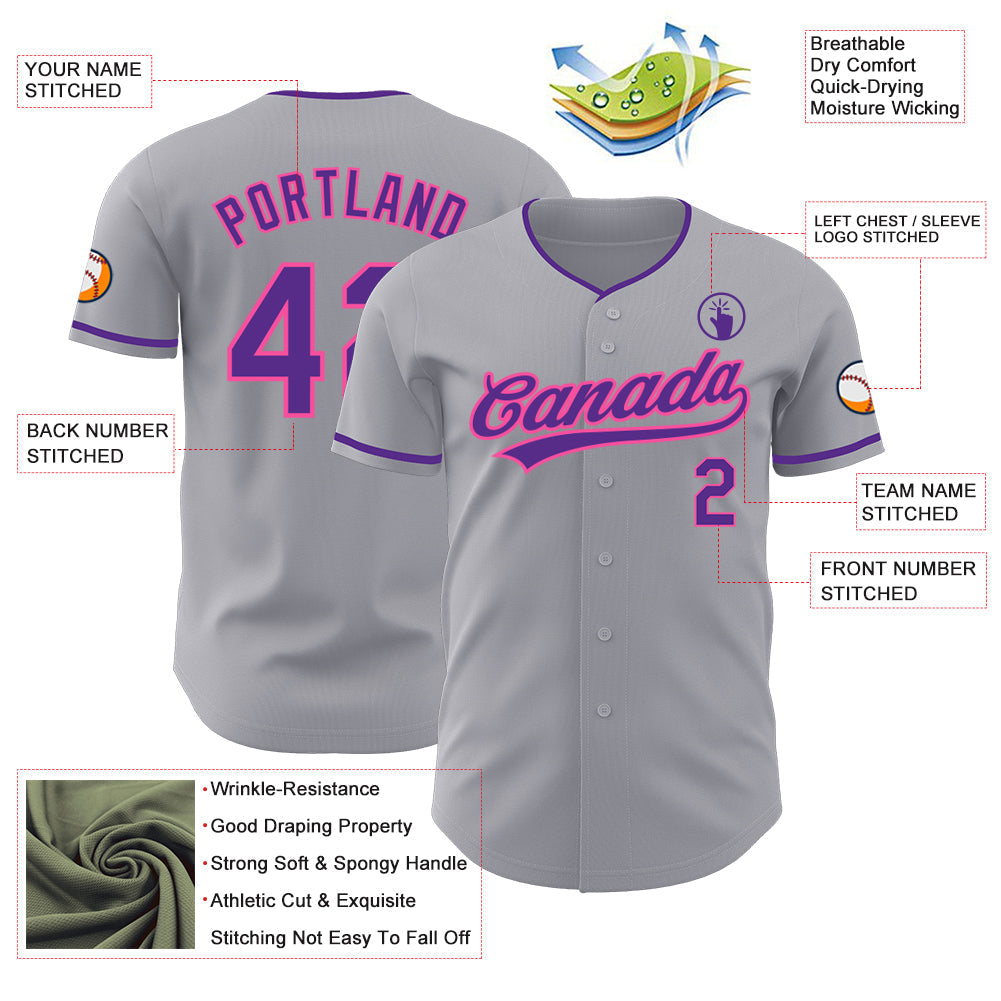 Custom Gray Purple-Pink Authentic Baseball Jersey baseball jersey product view 3