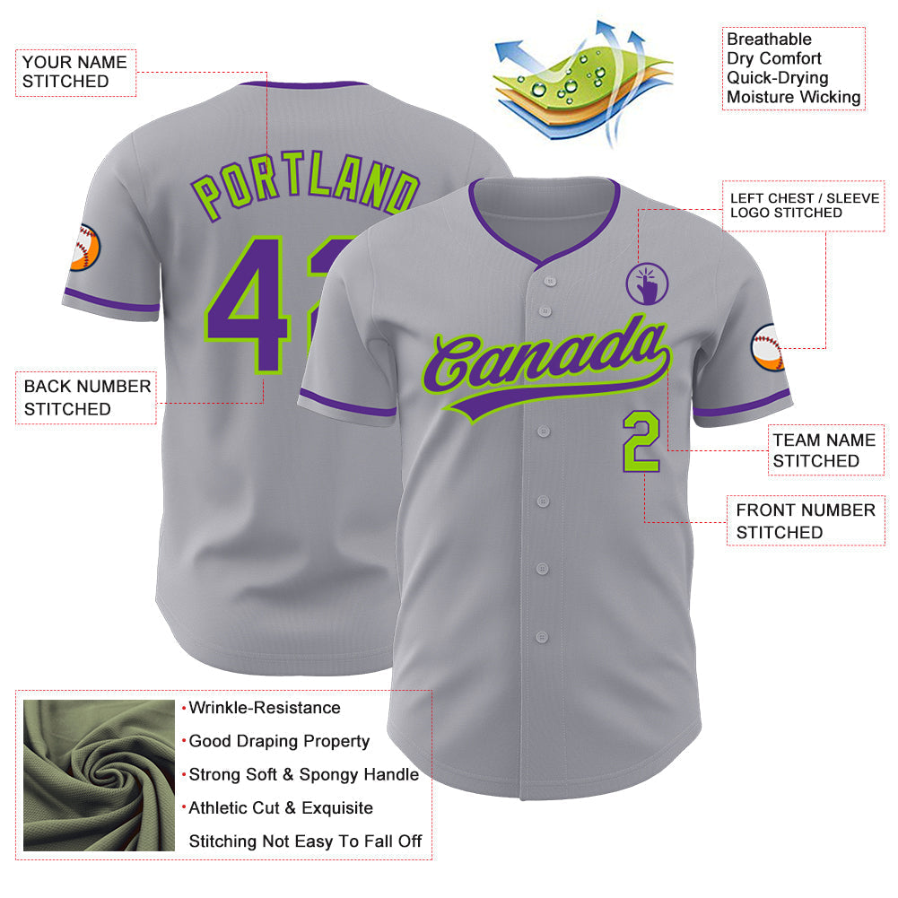 Custom Gray Purple-Neon Green Authentic Baseball Jersey baseball jersey product view 3