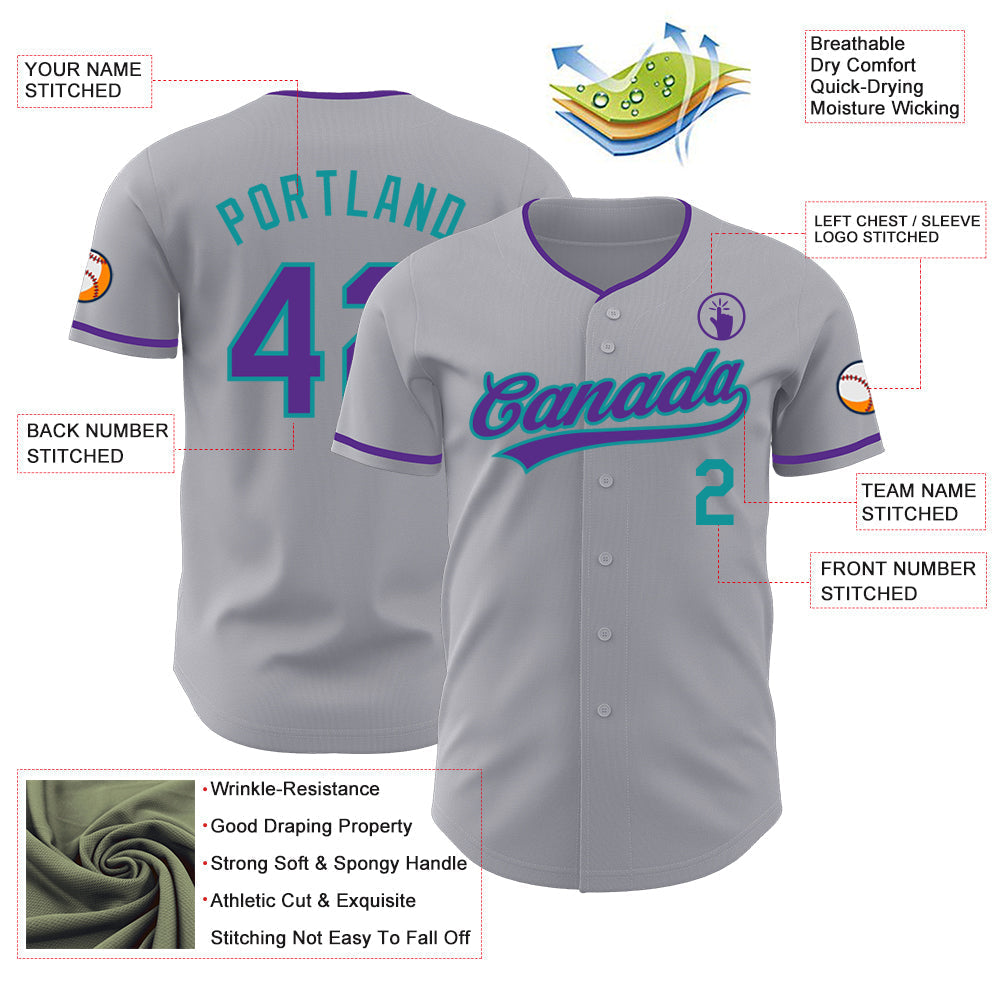 Custom Gray Purple-Teal Authentic Baseball Jersey baseball jersey product view 3