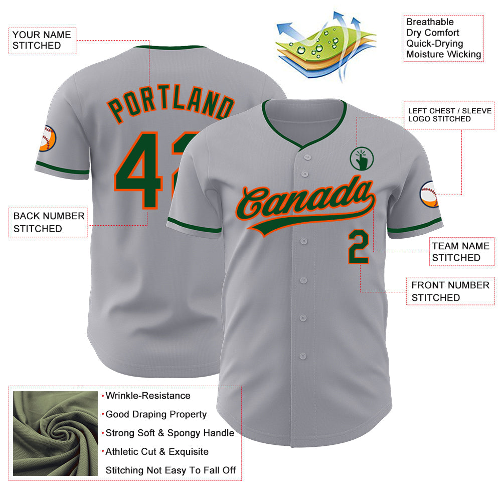 Custom Gray Green-Orange Authentic Baseball Jersey baseball jersey product view 3