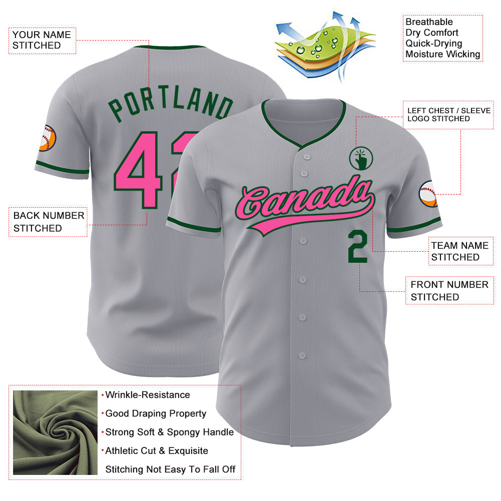 Custom Gray Pink-Green Authentic Baseball Jersey baseball jersey product view 3
