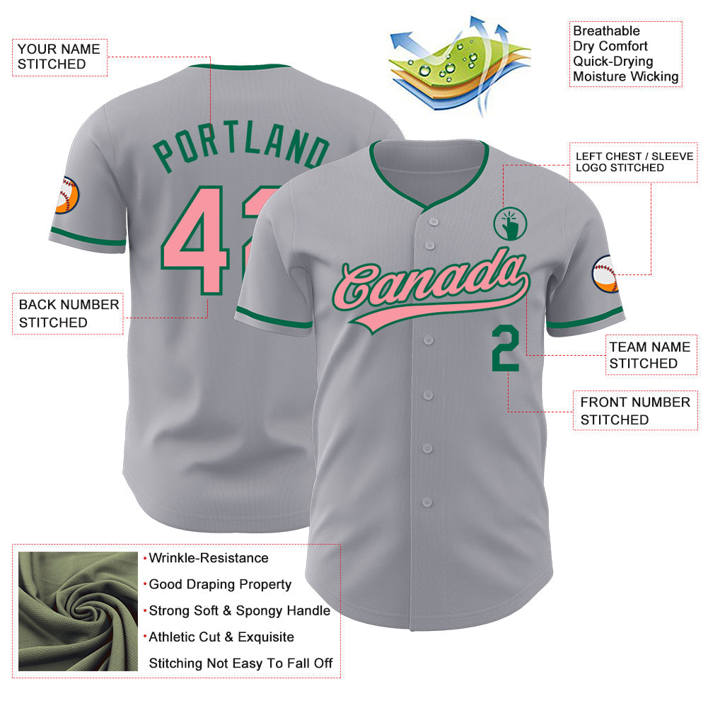 Custom Gray Medium Pink-Kelly Green Authentic Baseball Jersey baseball jersey product view 3