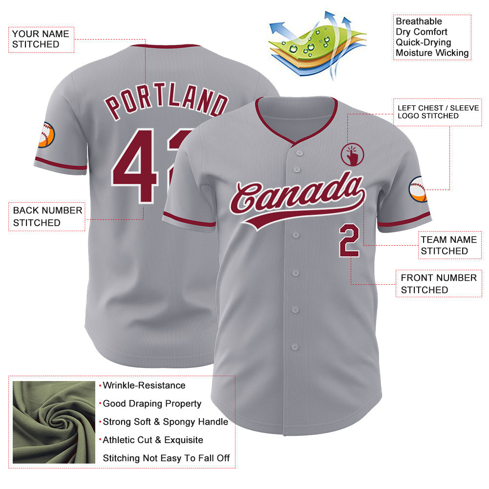 Custom Gray Crimson-White Authentic Baseball Jersey baseball jersey product view 3