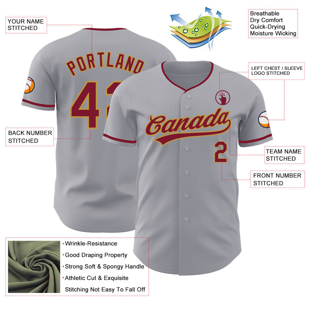 Custom Gray Crimson-Old Gold Authentic Baseball Jersey baseball jersey product view 3