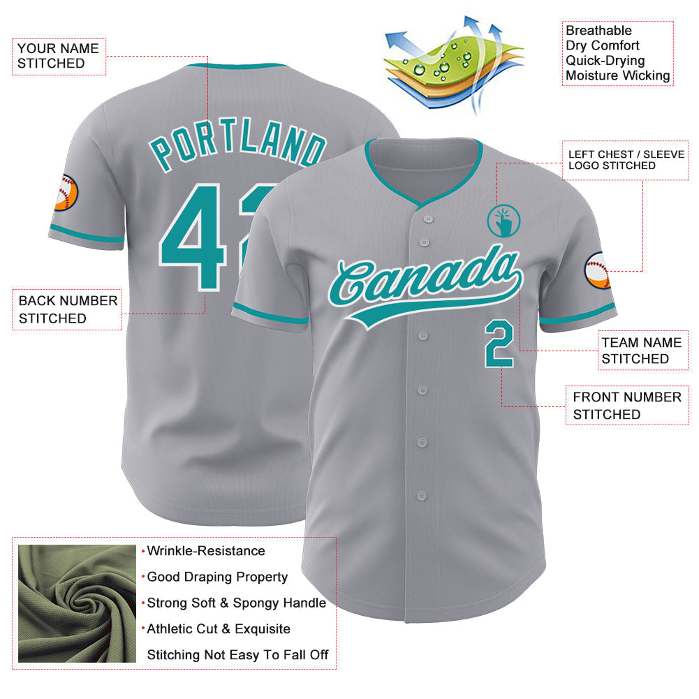 Custom Gray Teal-White Authentic Baseball Jersey baseball jersey product view 3