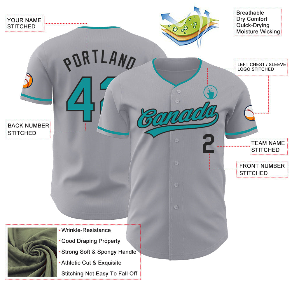 Custom Gray Teal-Black Authentic Baseball Jersey baseball jersey product view 3