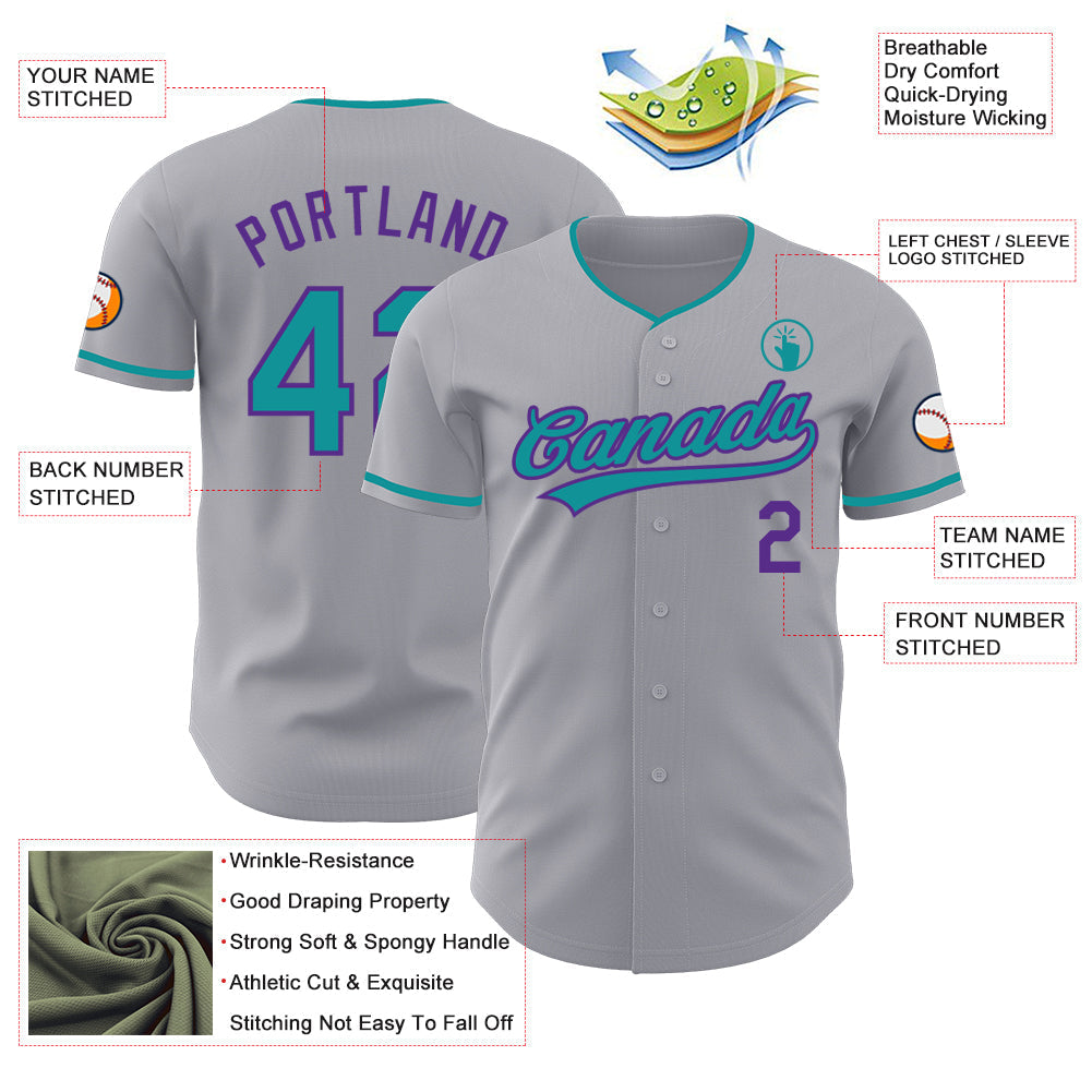 Custom Gray Teal-Purple Authentic Baseball Jersey baseball jersey product view 3