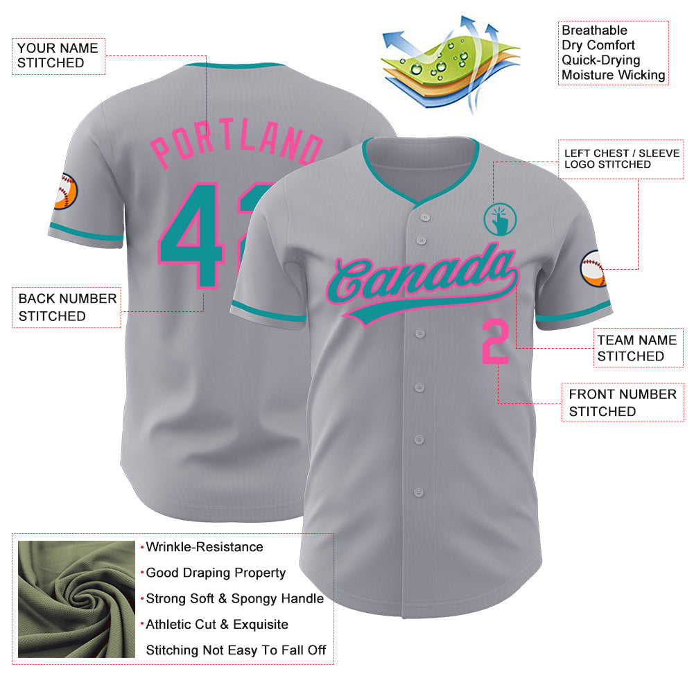 Custom Gray Teal-Pink Authentic Baseball Jersey baseball jersey product view 3